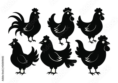 Set of Silhouetted Rooster Heads
