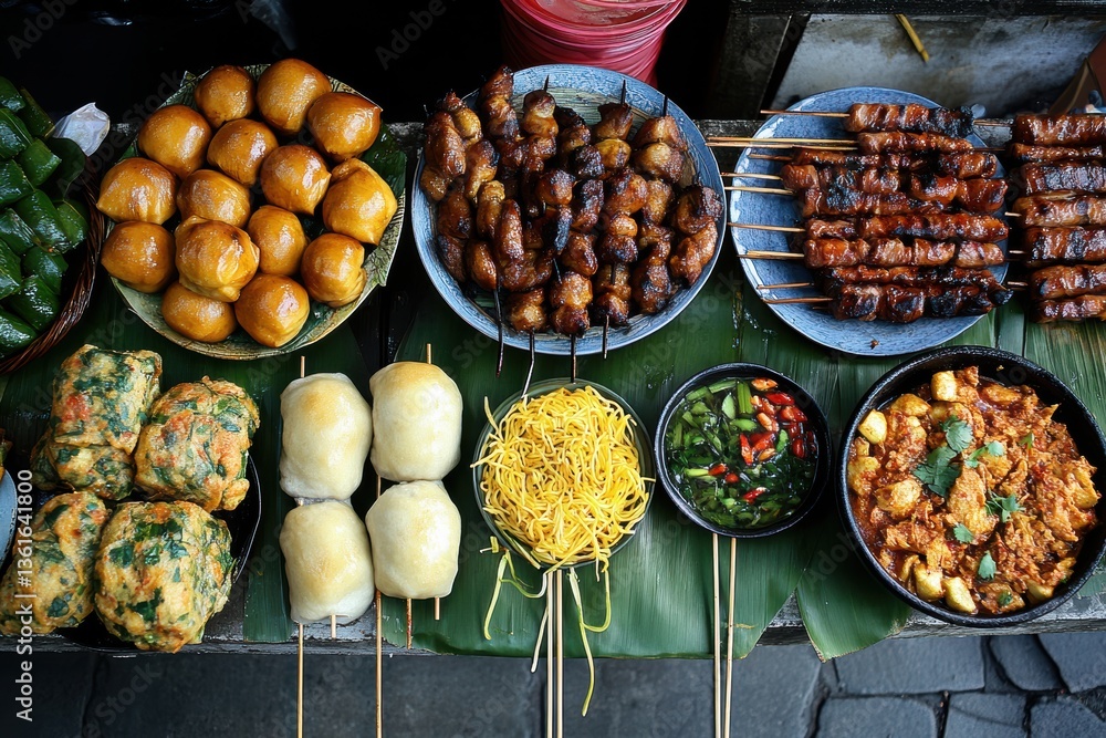 Delicious Street Food Assortment: Asian Cuisine Variety at Market Stall