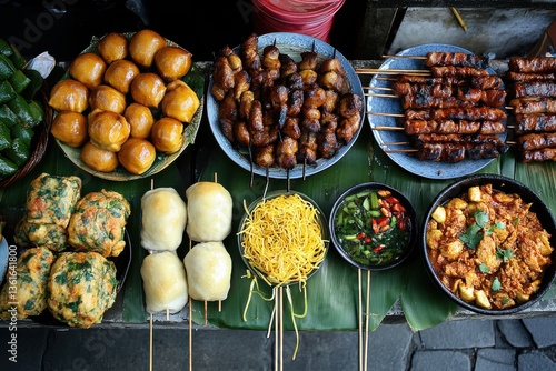 Obraz na płótnie Delicious Street Food Assortment: Asian Cuisine Variety at Market Stall w salonie