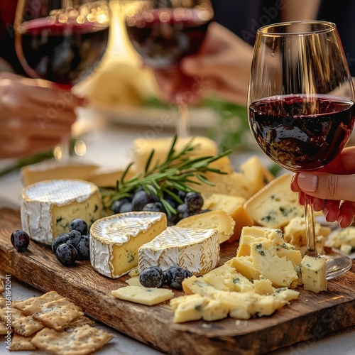 Individual holding a wine glass while enjoying artisan cheeses beautifully displayed on a rustic wooden board