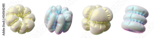 Set inflatable 3D balloons with abstract shapes and bright neon glow on a white backgroun