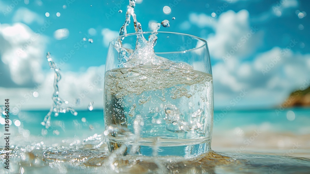 A glass of water rests on a smooth surface beneath a vibrant blue sky. Water splashes dramatically, emphasizing purity and freshness. A glass of water rests on a smooth surface beneath a vibrant blue sky. Water splashes dramatically, emphasizing purity and freshness.