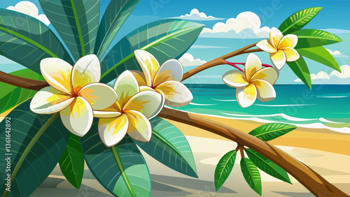 Branch of frangipani - plumeria - flowers on tropical beachfront, closeup, with copy space
