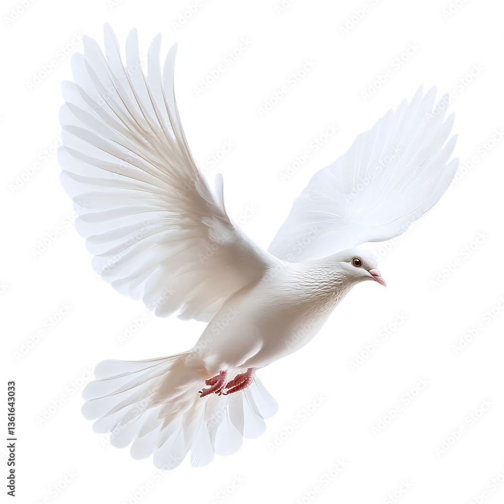Dove soaring gracefully with shimmering white feathers, isolated on white background Dove soaring gracefully with shimmering white feathers, isolated on white background