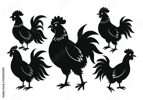 Set of Silhouetted Rooster Heads