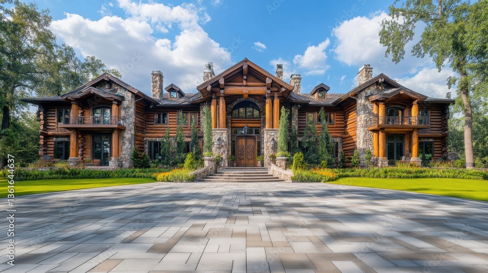 Grand log mansion with lush landscaping under a bright blue sky Grand log mansion with lush landscaping under a bright blue sky