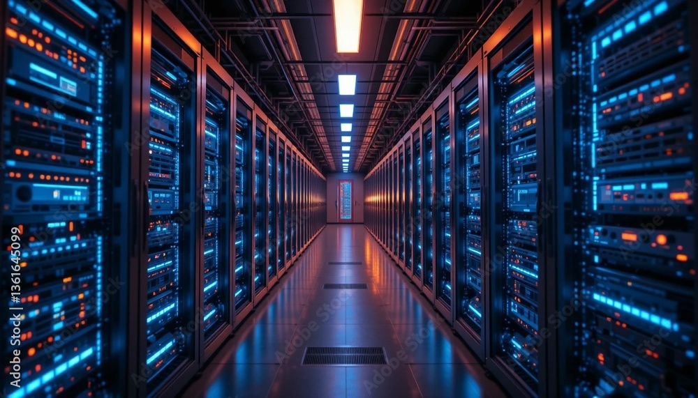 Fototapeta premium Futuristic Data Center with Glowing LED Server Racks – High-Tech Network Infrastructure.