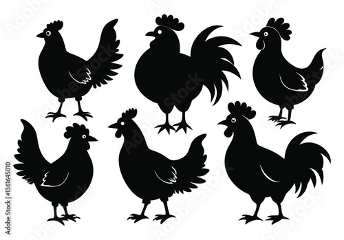 Set of Silhouetted Rooster Heads