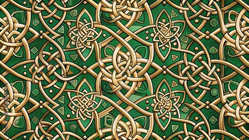 Intricate Golden Celtic Knotwork Design on Rich Emerald Green Background, Ideal for Fabric, Wallpaper, or Decorative Projects