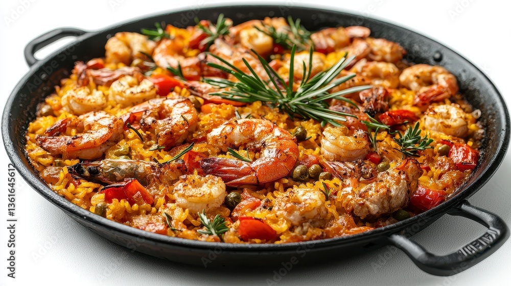 Authentic paella pan isolated on a white background with realistic details highlighting its unique design Authentic paella pan isolated on a white background with realistic details highlighting its unique design