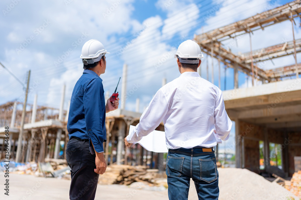 Specializing in village design, two male Asian engineers contribute to the construction industry by building affordable, high-quality housing solutions that are available for rent and sell. Specializing in village design, two male Asian engineers contribute to the construction industry by building affordable, high-quality housing solutions that are available for rent and sell.