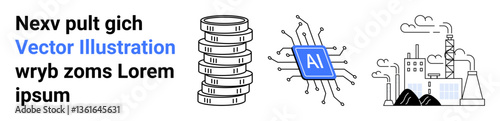Stack of coins, AI chip with circuits, and industrial factory emitting smoke. Ideal for finance, technology, AI, energy, economy, automation simple landing page