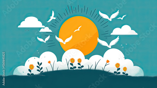 Minimalistic flat illustration of a sunny day, blue sky,