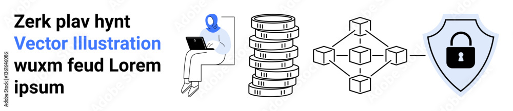 Person working remotely on a laptop, database stack, blockchain network, secure shield lock. Ideal for data security, blockchain, cybersecurity, database management, remote work technology simple Person working remotely on a laptop, database stack, blockchain network, secure shield lock. Ideal for data security, blockchain, cybersecurity, database management, remote work technology simple