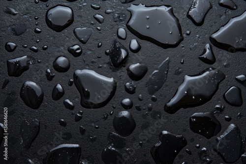 Scattered black water drops on dark rough textured surface. industrial design, moisture concept overlay