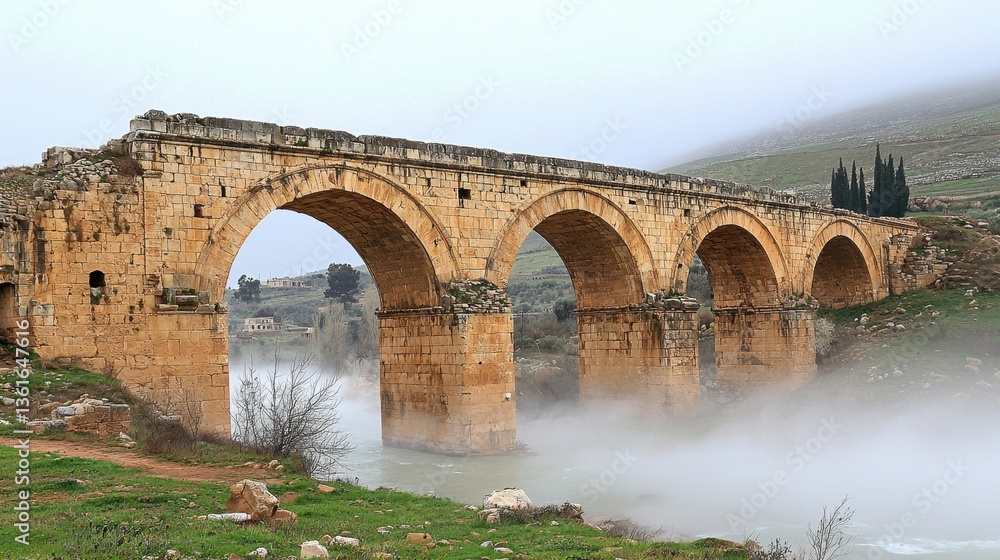 Fototapeta premium Ancient Ruins in a Misty Valley with Massive Stone Bridge