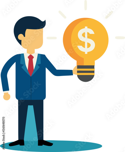 Enlightening money ideas: Investment and savings with high profit, business strategies to generate income, and the concept of innovation and creativity. A businessman’s hand holds a brightly lit dolla