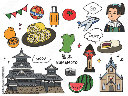 熊本の手描きイラストセット