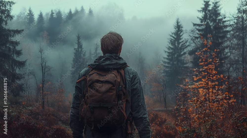 A mysterious young hiker in a foggy forest A mysterious young hiker in a foggy forest