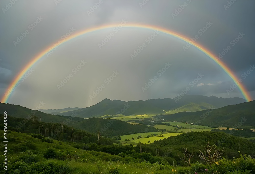 Fototapeta premium full vibrant rainbow over green valley landscape