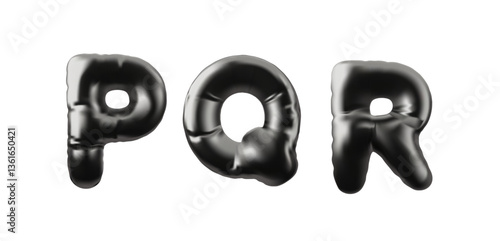 3D English alphabet uppercase letters P Q R from black inflated balloon vector icon, volume metallic Latin typing symbol