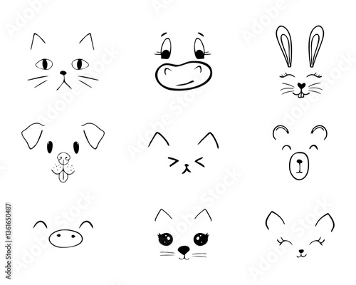 Pet mouth comic cute line doodle drawing. Set lips, noses and whiskers animal characters. Funny heart nose, hand drawn faces.