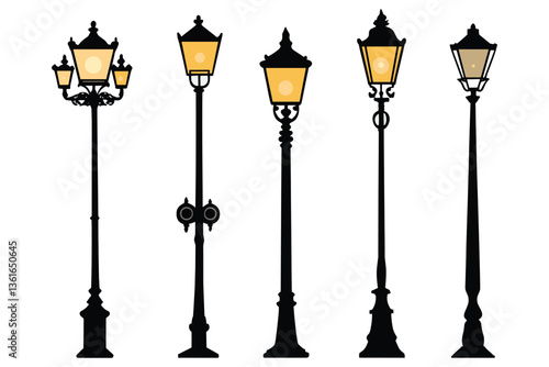 Street lamp post set vector in flat style, isolated in white background. Silhouette street lamp collection set. Outdoor city lighting fixtures with a retro modern design for sidewalks in urban or town