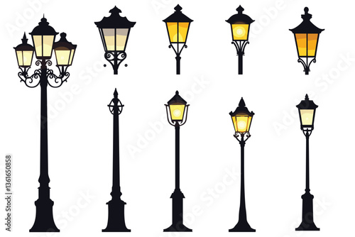 Street lamp post set vector in flat style, isolated in white background. Silhouette street lamp collection set. Outdoor city lighting fixtures with a retro modern design for sidewalks in urban or town