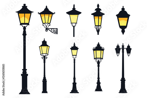 Street lamp post set vector in flat style, isolated in white background. Silhouette street lamp collection set. Outdoor city lighting fixtures with a retro modern design for sidewalks in urban or town