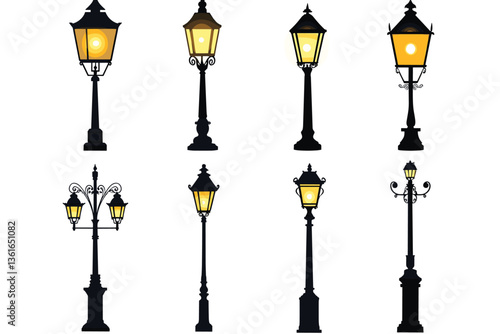 Street lamp post set vector in flat style, isolated in white background. Silhouette street lamp collection set. Outdoor city lighting fixtures with a retro modern design for sidewalks in urban or town