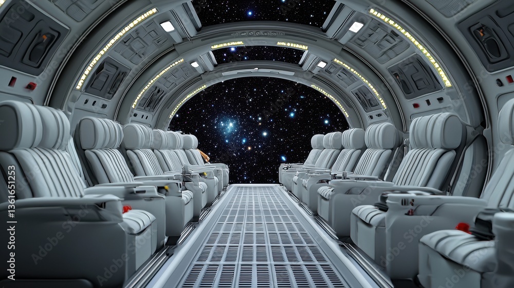 Fototapeta premium High-Tech Spaceship Interior with Panoramic Views of the Cosmos