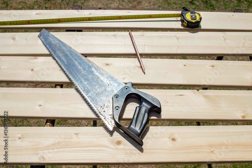 Saw on wooden boards