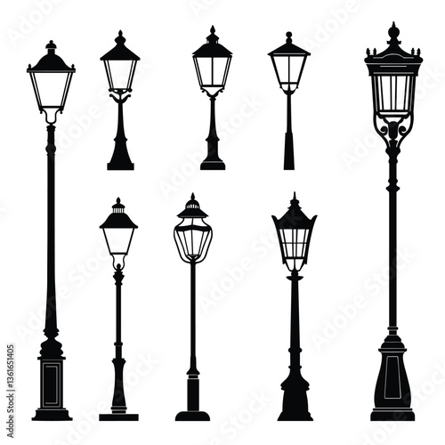 Street lamp post set vector in flat style, isolated in white background. Silhouette street lamp collection set. Outdoor city lighting fixtures with a retro modern design for sidewalks in urban or town