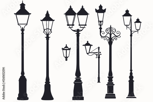 Street lamp post set vector in flat style, isolated in white background. Silhouette street lamp collection set. Outdoor city lighting fixtures with a retro modern design for sidewalks in urban or town