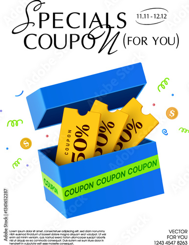 3d yellow coupons inside opened blue gift box with golden coins and confetti around. Gift voucher with gift box banner template, isolated on white background. Vector illustration