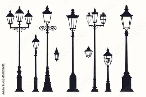 Street lamp post set vector in flat style, isolated in white background. Silhouette street lamp collection set. Outdoor city lighting fixtures with a retro modern design for sidewalks in urban or town