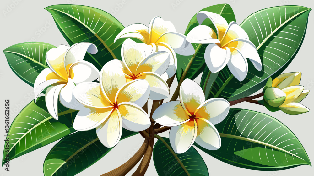 Fototapeta premium White plumeria and frangipani flowers isolated on white background, low angle view