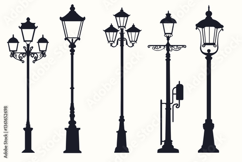 Street lamp post set vector in flat style, isolated in white background. Silhouette street lamp collection set. Outdoor city lighting fixtures with a retro modern design for sidewalks in urban or town