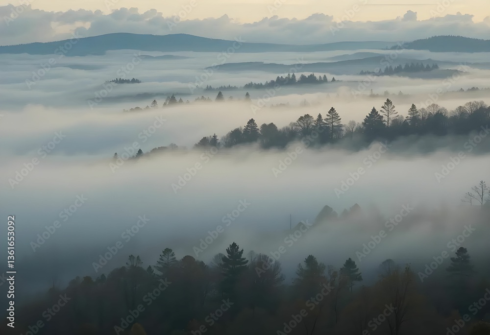 Fototapeta premium misty mountain landscape with fog rolling over trees