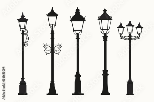 Street lamp post set vector in flat style, isolated in white background. Silhouette street lamp collection set. Outdoor city lighting fixtures with a retro modern design for sidewalks in urban or town