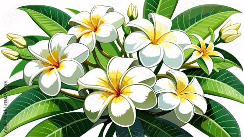 White plumeria and frangipani flowers isolated on white background, low angle view