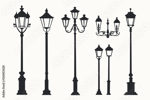 Street lamp post set vector in flat style, isolated in white background. Silhouette street lamp collection set. Outdoor city lighting fixtures with a retro modern design for sidewalks in urban or town