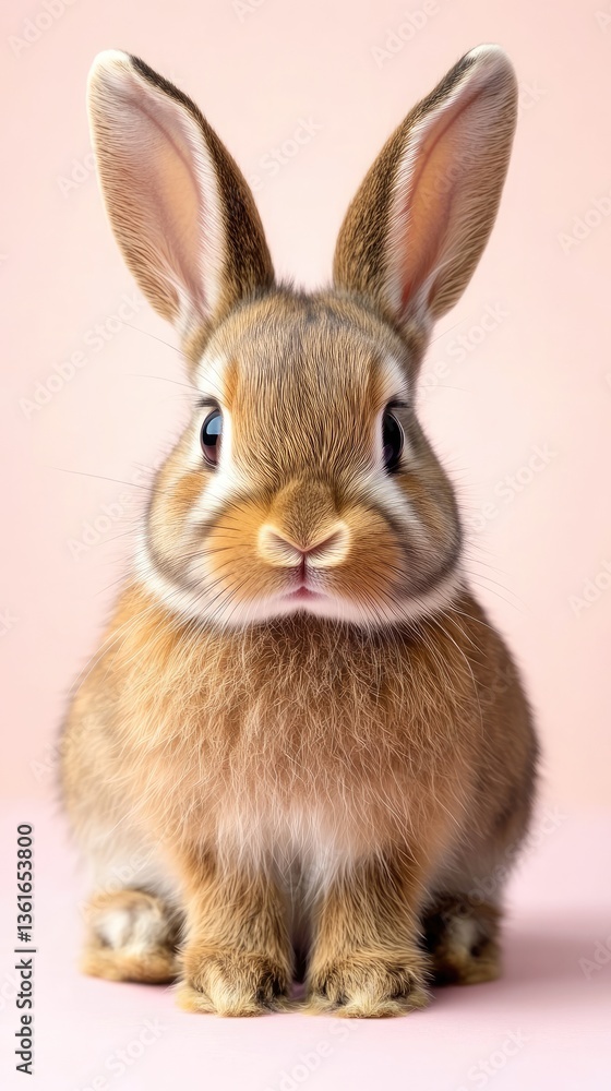 Fototapeta premium Cute and fluffy Easter bunny displaying a cheerful expression against a soothing pastel pink background, ideal for spring themes.