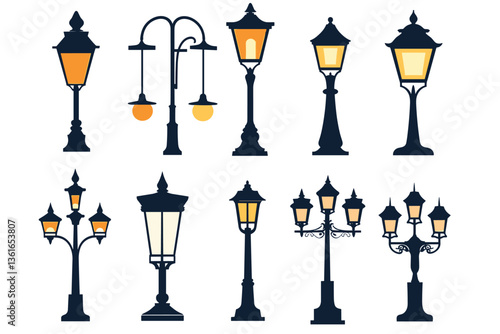 Street lamp post set vector in flat style, isolated in white background. Silhouette street lamp collection set. Outdoor city lighting fixtures with a retro modern design for sidewalks in urban or town