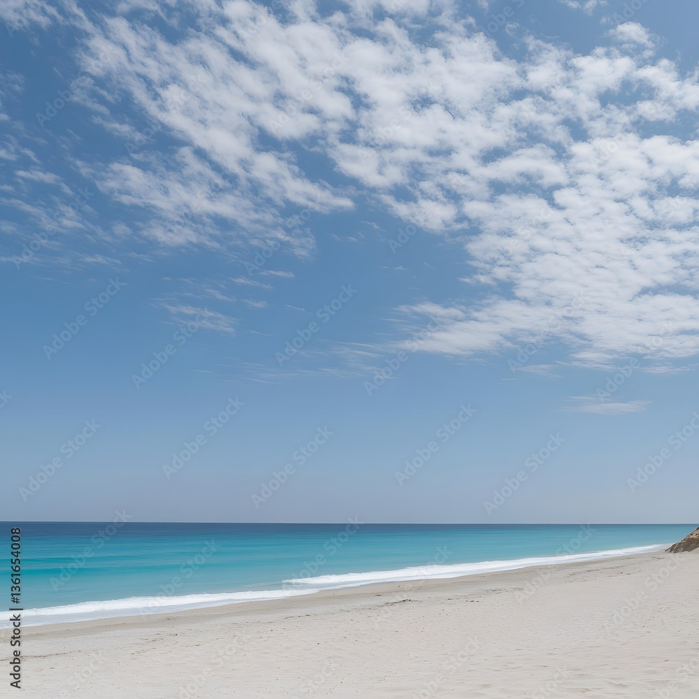 Serene Beachscape, Turquoise Ocean and White Sand under a Blue Sky with Fluffy Clouds Serene Beachscape, Turquoise Ocean and White Sand under a Blue Sky with Fluffy Clouds