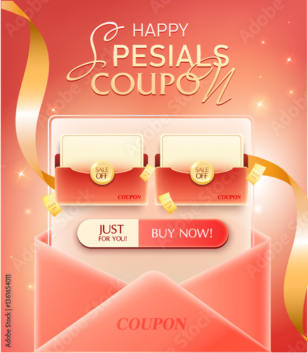 3d special voucher with coupon code inside an envelope, silk ribbons flying around, isolated on gradient background with sparkling effect. Gift voucher banner template in 3d vector. Vector