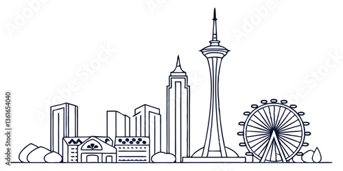 Las Vegas skyline, featuring the Stratosphere and famous casino landmarks in a sleek, continuous-line style.