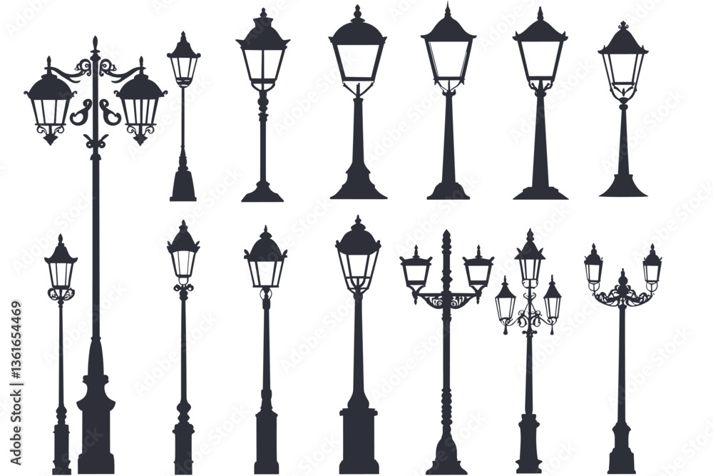 Street lamp post set vector in flat style, isolated in white background. Silhouette street lamp collection set. Outdoor city lighting fixtures with a retro modern design for sidewalks in urban or town Street lamp post set vector in flat style, isolated in white background. Silhouette street lamp collection set. Outdoor city lighting fixtures with a retro modern design for sidewalks in urban or town