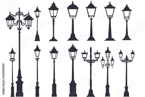 Street lamp post set vector in flat style, isolated in white background. Silhouette street lamp collection set. Outdoor city lighting fixtures with a retro modern design for sidewalks in urban or town