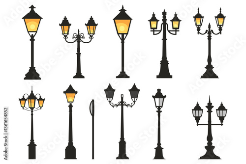 Street lamp post set vector in flat style, isolated in white background. Silhouette street lamp collection set. Outdoor city lighting fixtures with a retro modern design for sidewalks in urban or town